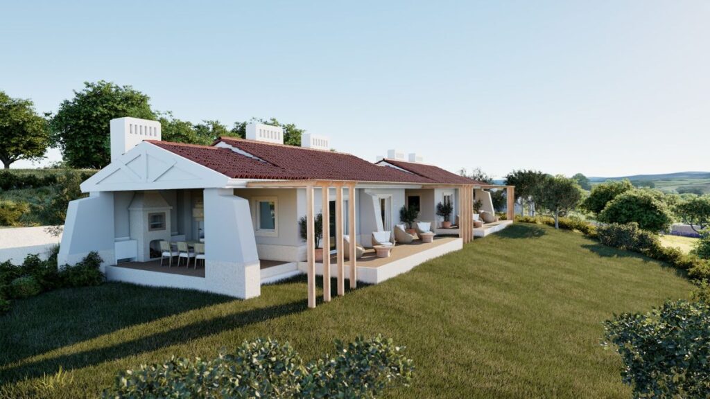 Imagem 3D das casas do SóAres de Lavanda, com alpendre virado para o campo