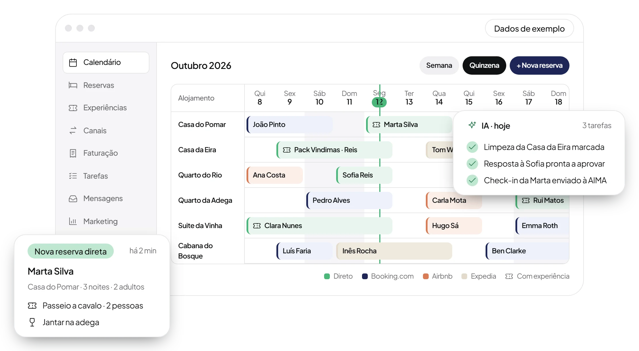 Calendário de reservas do sistema da Guest Grow, com reservas de vários canais, uma reserva direta com experiências e as tarefas feitas pela IA (dados de exemplo)