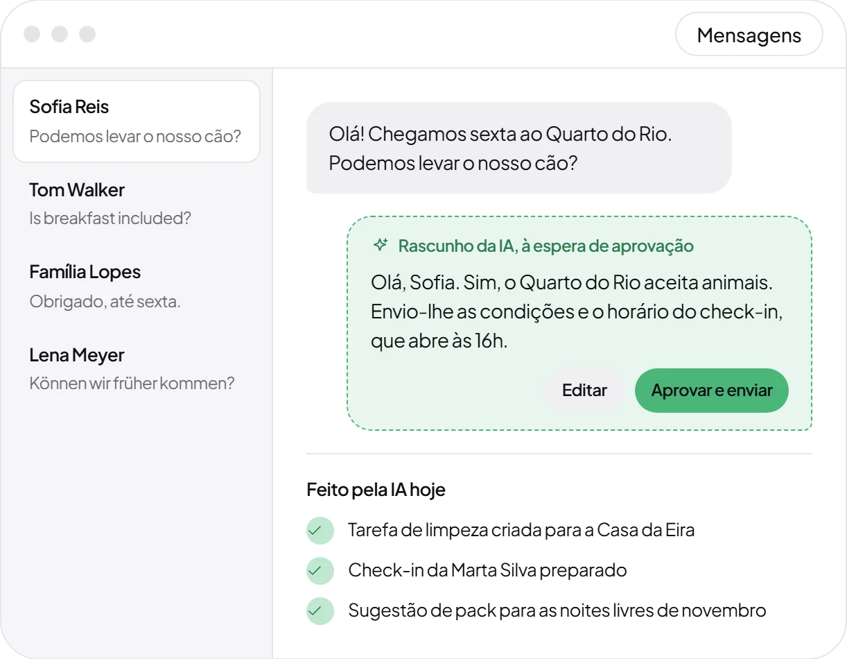 Mensagens do sistema: rascunho de resposta da IA à espera de aprovação e tarefas feitas pela IA nesse dia (exemplo)