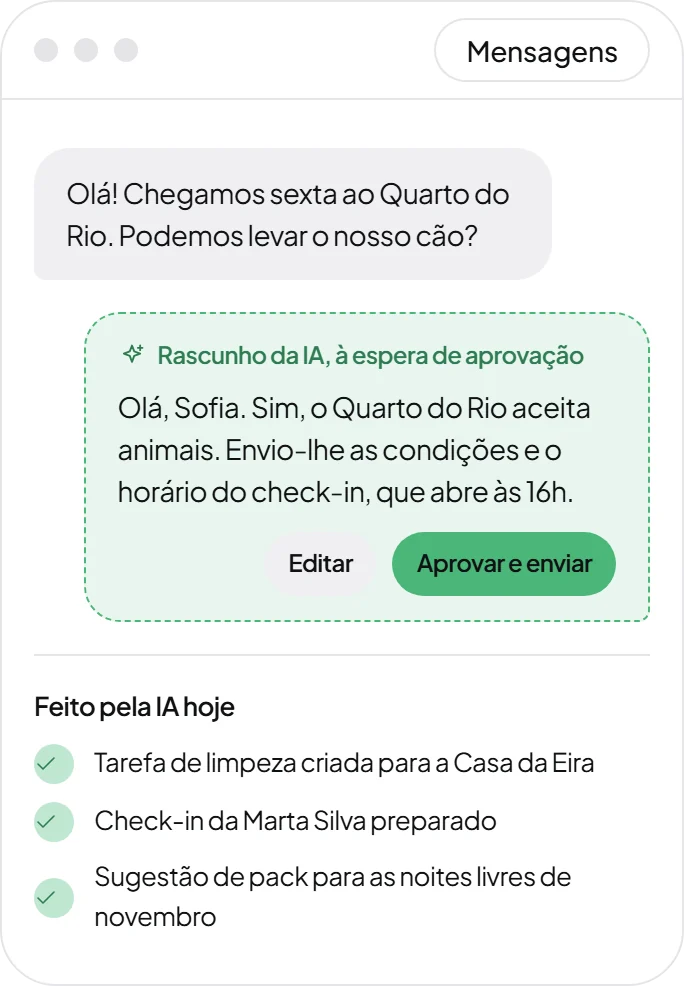 Mensagens do sistema: rascunho de resposta da IA à espera de aprovação e tarefas feitas pela IA nesse dia (exemplo)