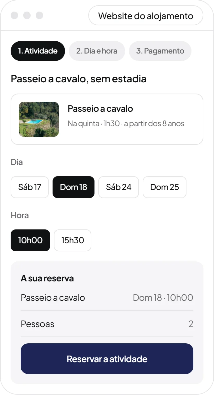 Motor de reservas: reserva de uma atividade sem estadia, com dia e hora (exemplo)