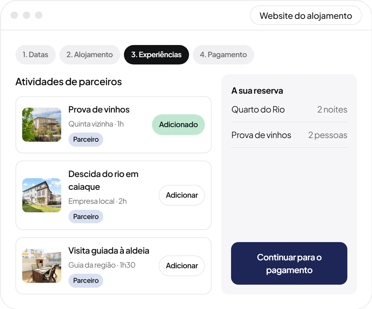 Motor de reservas: atividades de parceiros da região acrescentadas à estadia (exemplo)