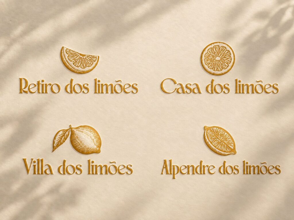 Placas com os nomes das quatro casas e as ilustrações de limões
