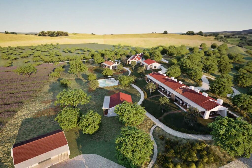 Imagem 3D vista de cima dos caminhos entre as casas