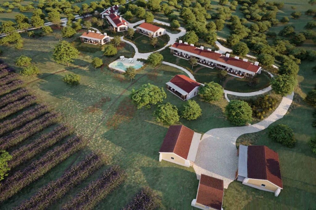 Imagem 3D vista de cima do campo de lavanda e da entrada