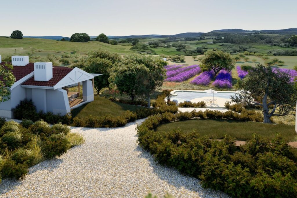 Imagem 3D de um caminho de gravilha até uma das casas, com lavanda ao fundo