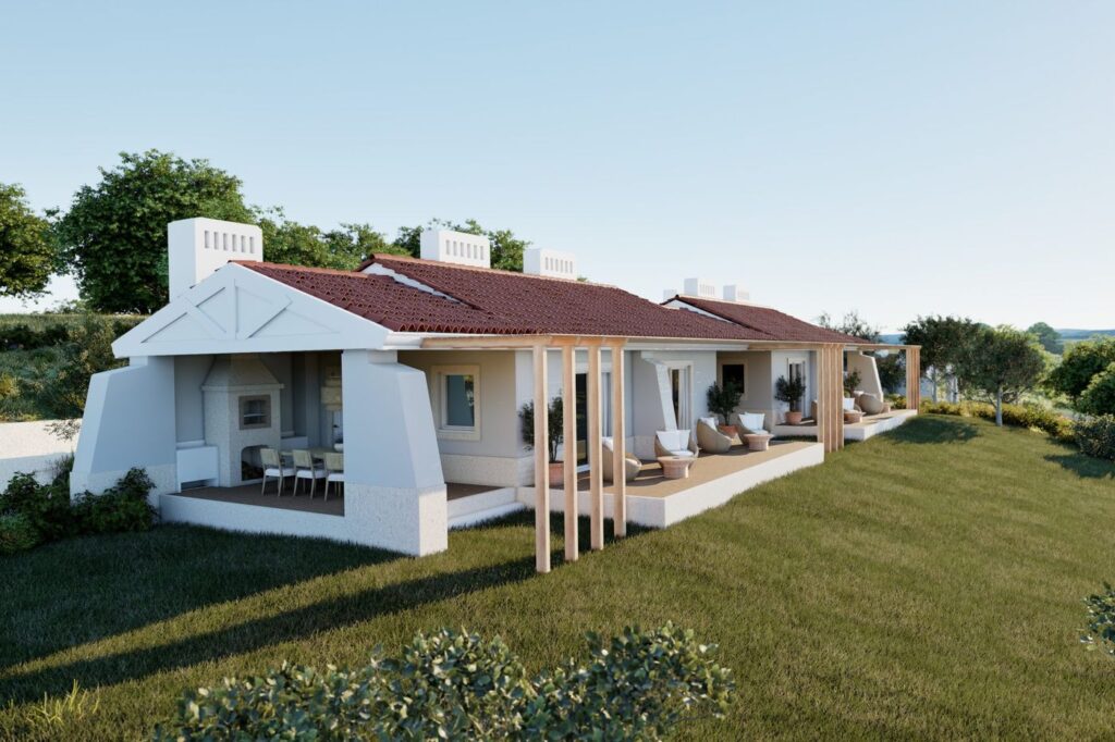 Imagem 3D de uma casa branca com alpendre e relvado