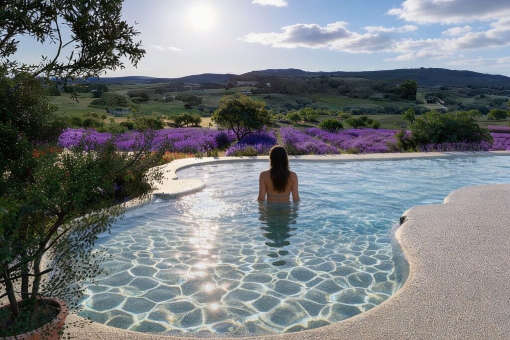 Imagem 3D da piscina com o campo de lavanda e os montes ao fundo